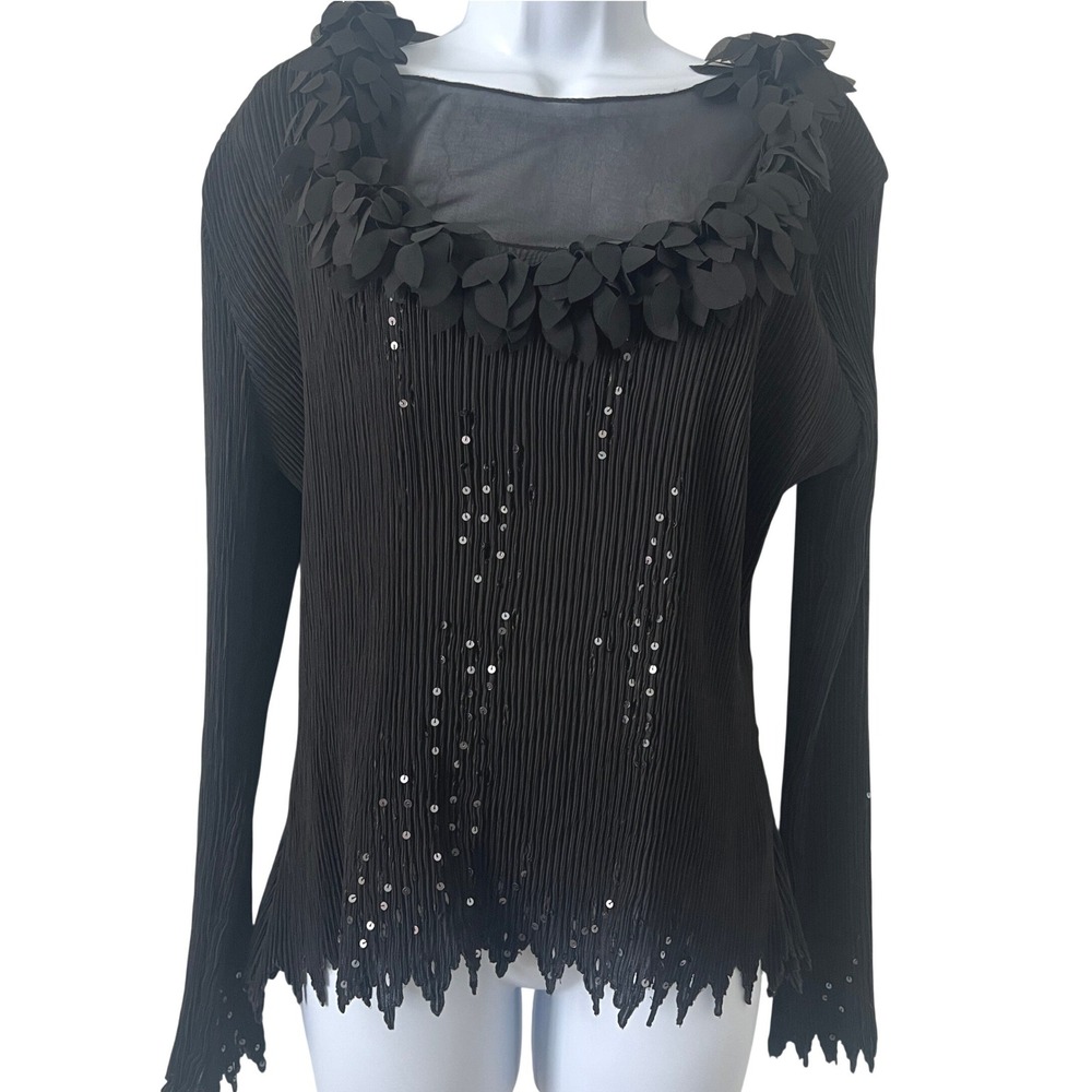 Vintage‎ 90s Y2K Sz L Pleated Black Sequin Eyelet Top Witchy Whimsigoth Stretchy